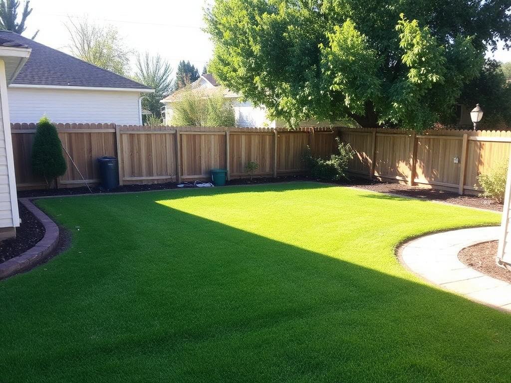 Clear green backyard after yard debris removal and shed demolition in Fort Worth, TX