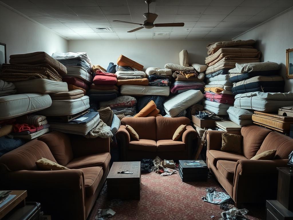Living room stacked with old couches and mattresses before an estate cleanout