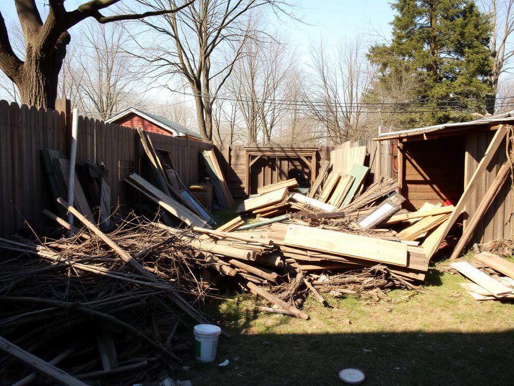 Backyard piled with branches, fence panels and a collapsed shed before removal